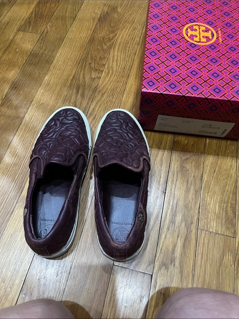 Tory Burch Quilted Slip-On Sneakers in Burgundy and White